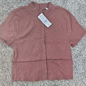 Brown Ribbed Crop T-Shirt with Mandarin Collar